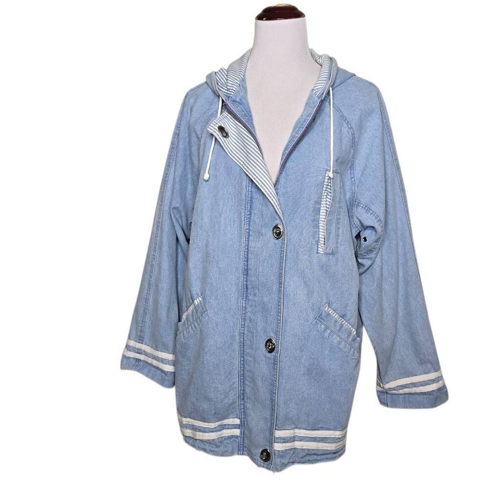 East West Denim Hooded Jacket Blue Striped Trim Chore Coat Vintage Style M
